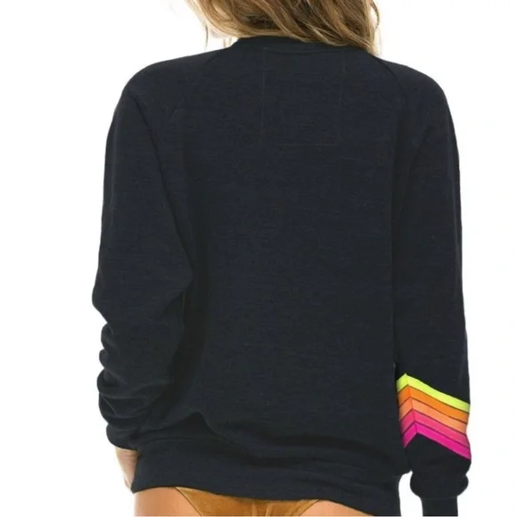 Aviator Nation Bolt Stitch Neon Chevron 5 Stripes Crewneck in Charcoal Size Sm - Picture 2 of 5